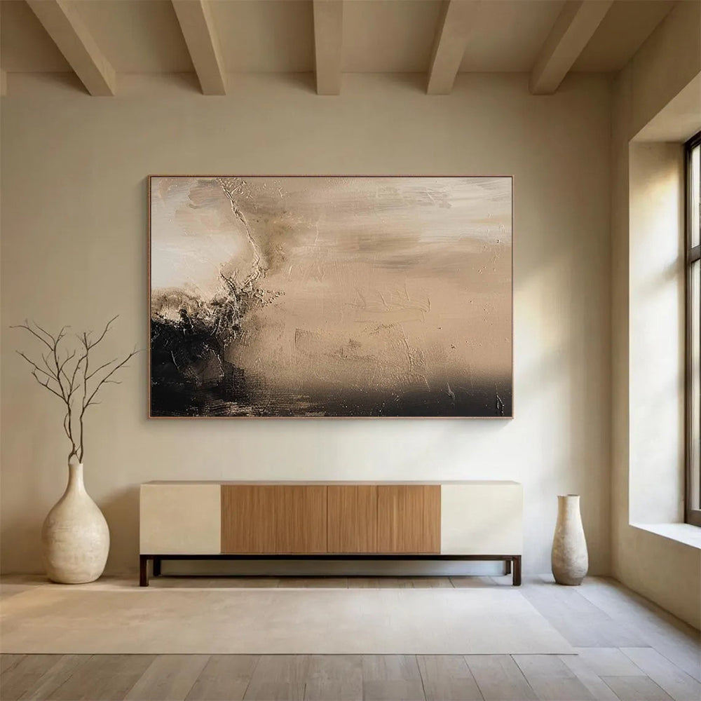 Beige Black Abstract Painting with Subtle, Contrasting Textures THY394