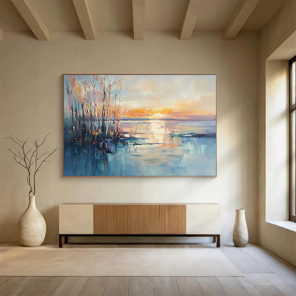 Sunset Lake with Bare Trees Abstract Landscape Painting DYP292
