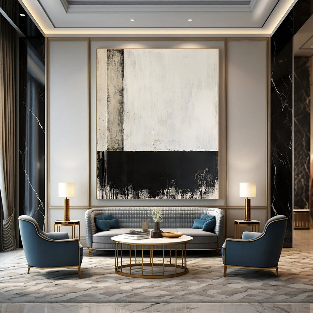 Large abstract painting in black and white features a single vertical line with gray and darker blocks below on an off-white background.STSC235