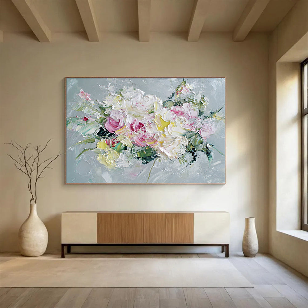 Textured Flower Bouquet Abstract Painting with Pink White and Green DYP284