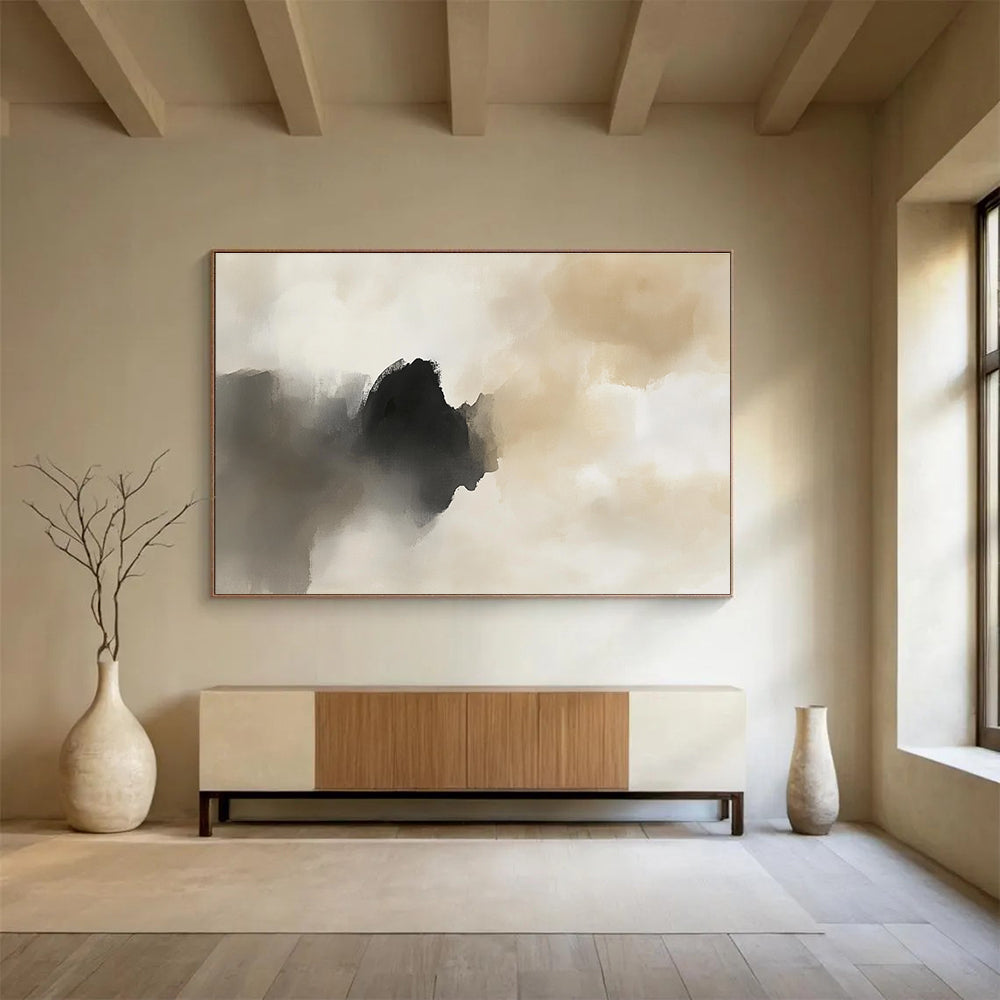 Large abstract painting featuring light gray and dark beige tones with atmospheric clouds soft edges and elegant mysterious emotions.SC222