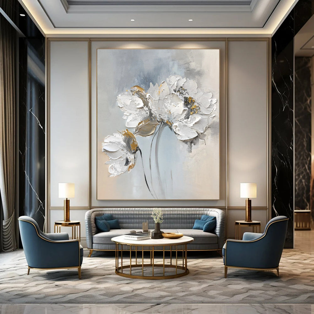 Textured Floral Abstract Painting with Gray and Gold Accents ADGE447