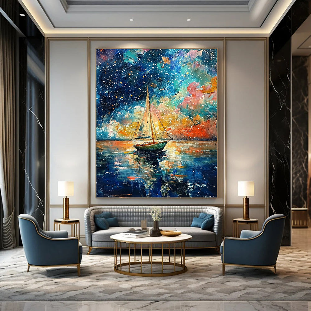 A large abstract painting featuring a small sailboat amidst vibrant colors and dreamy sky reflections in the style of Van Gogh.STSC1199