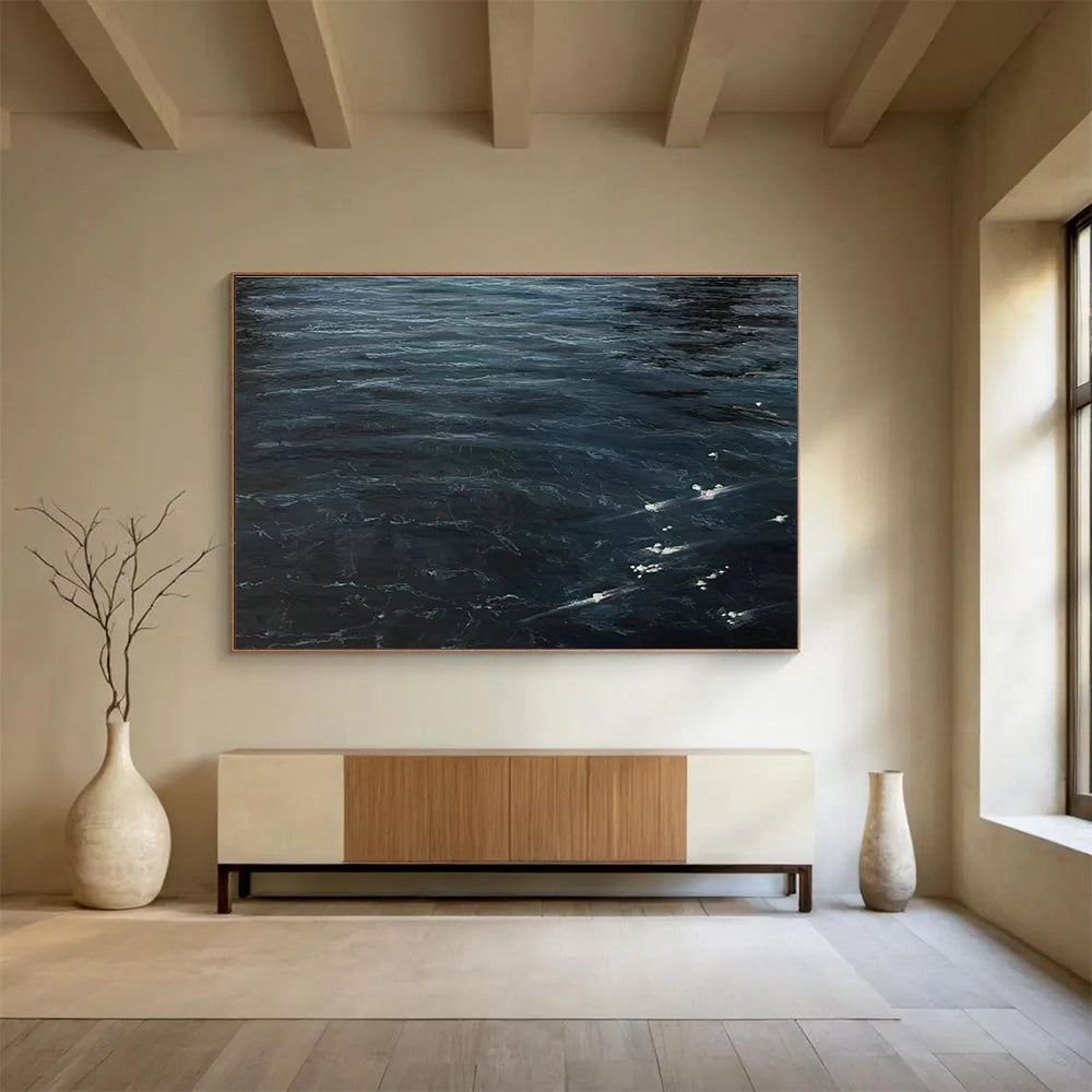 Dark Ocean Waves Abstract Painting with Deep Blue Tones THY265