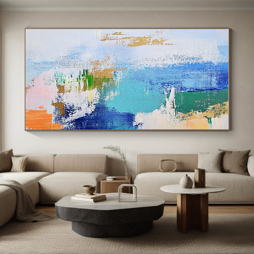 Blue Green and Gold Abstract Painting with Dynamic Brushstrokes GER616