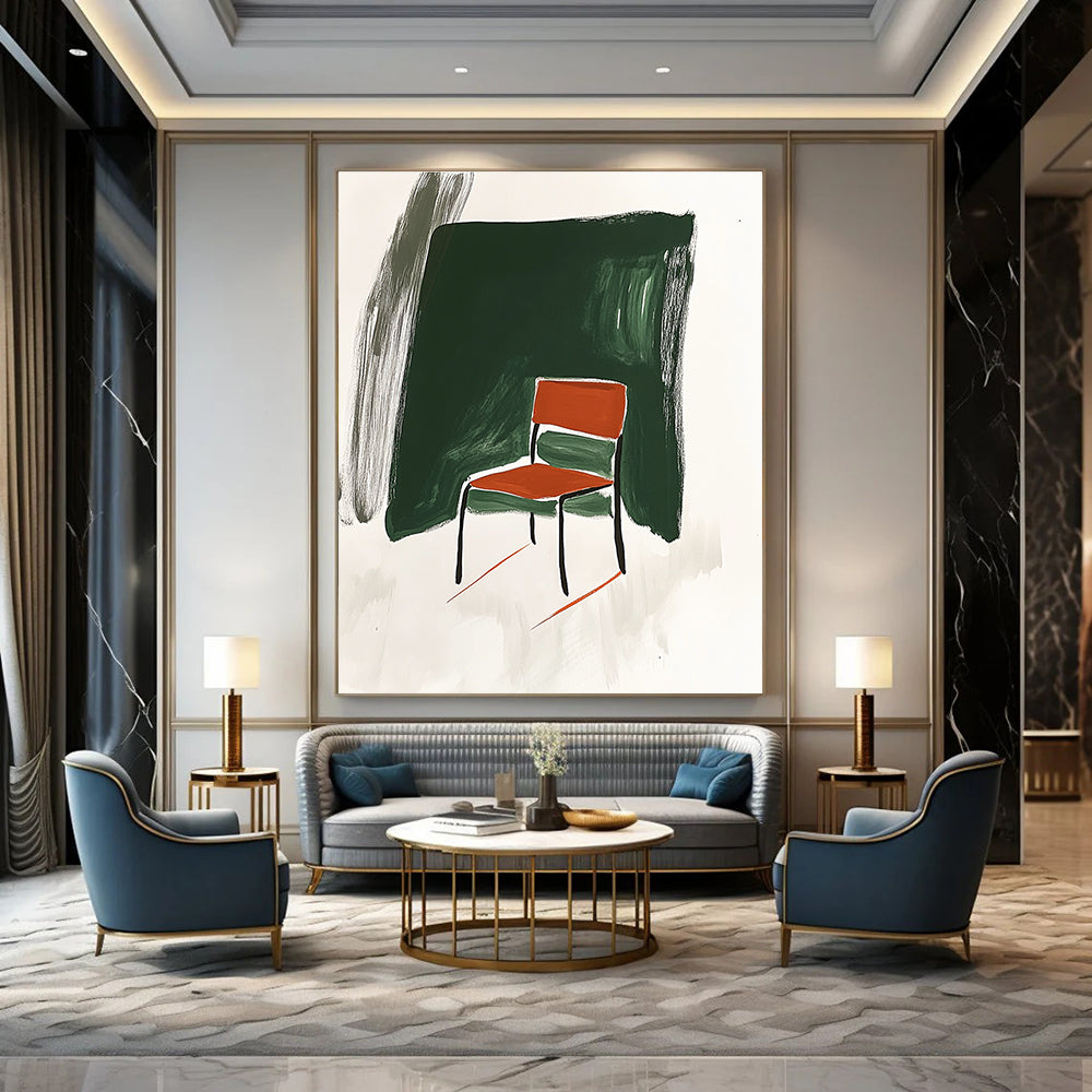Abstract artwork featuring Minimalist Japandi style with a chair influenced by David Hockney in green and white background adorned with orange brush strokes.STSC1336