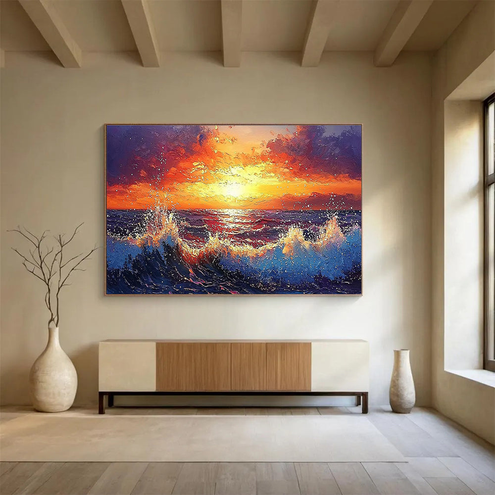 Sunset Sea Abstract Painting with Orange, Red, and Blue Tones THY165