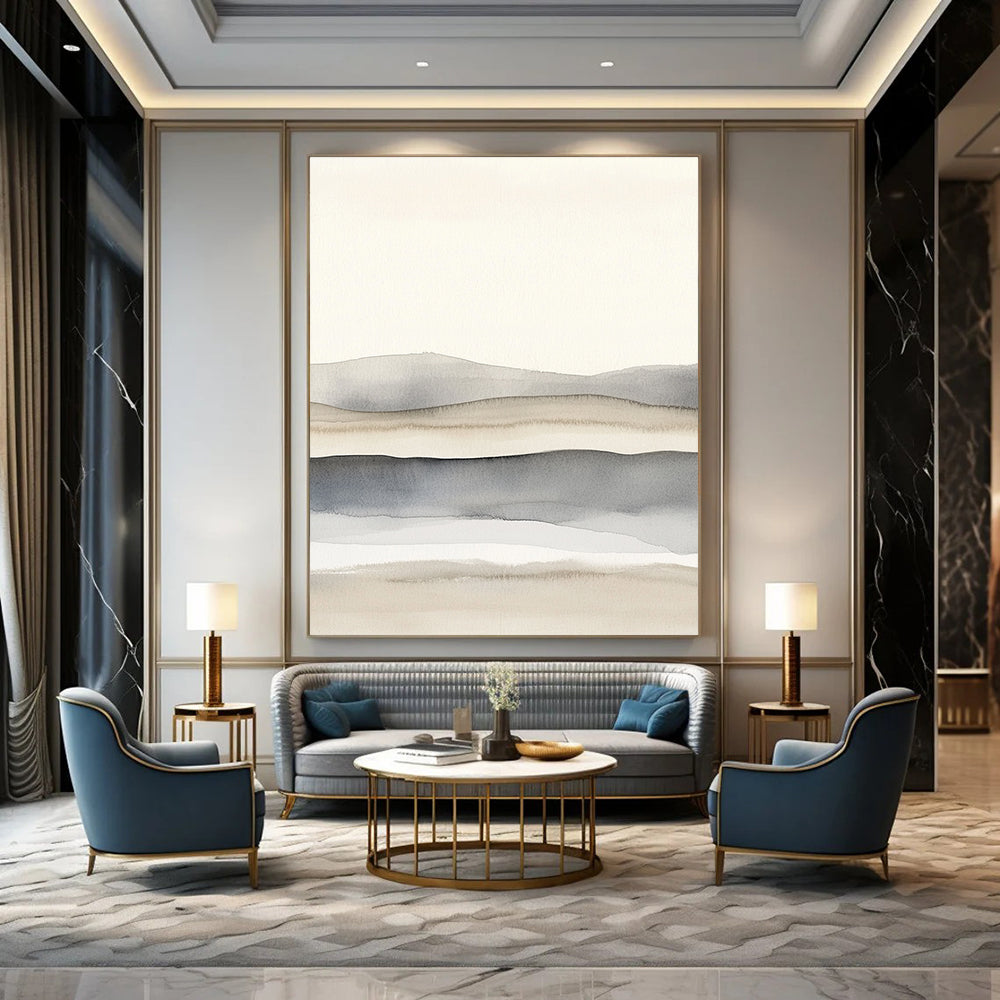 Large abstract painting featuring light gray and white watercolor shapes with soft blurred lines creating a serene landscape of dunes.STSC1464