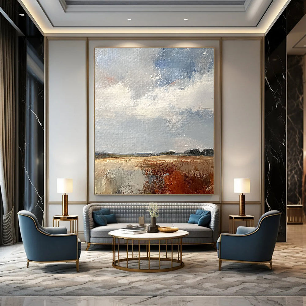Large abstract painting featuring a white sky grey and brown clouds over the English countryside in muted colors and textured brushwork.STSC172