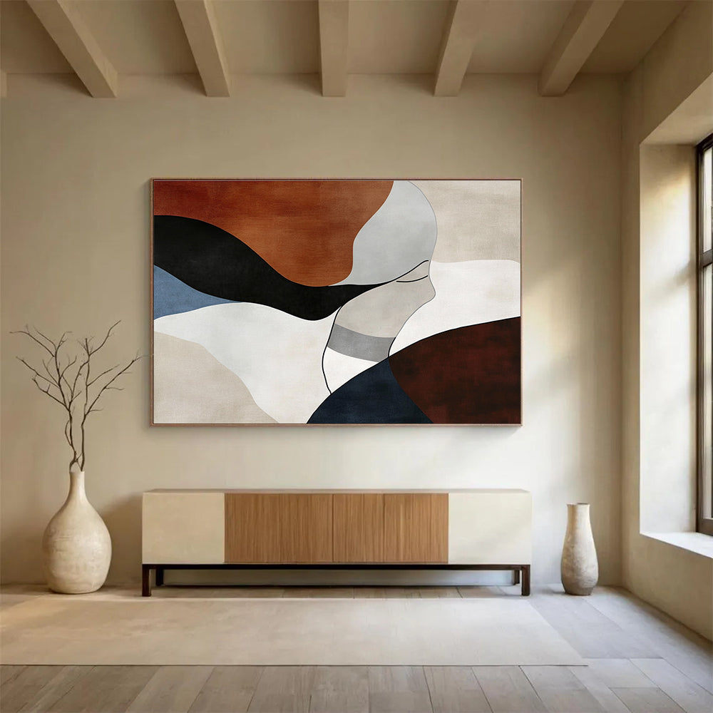 Large abstract art featuring elegant feminine forms in earthy tones, emphasizing organic curves and geometric patterns for a serene modern aesthetic.SC299