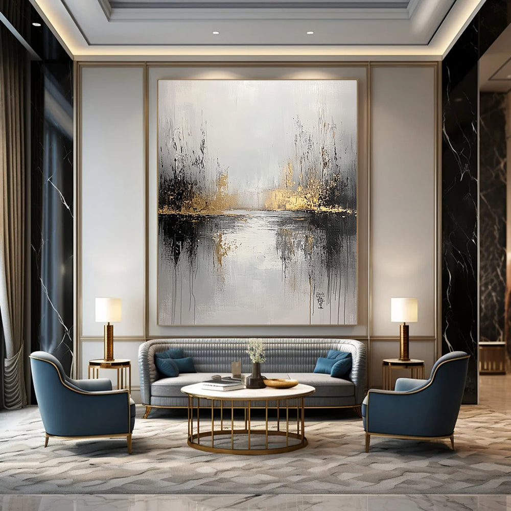 Large abstract painting featuring a gray and white background with gold accents and soft edges evoking tranquility and solitude through layers and distant foliage.STSC396