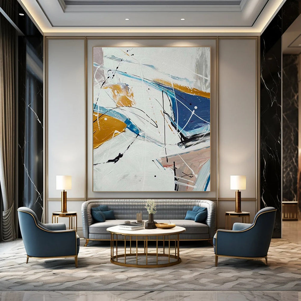 White Blue Yellow Black Abstract Painting ADGE049
