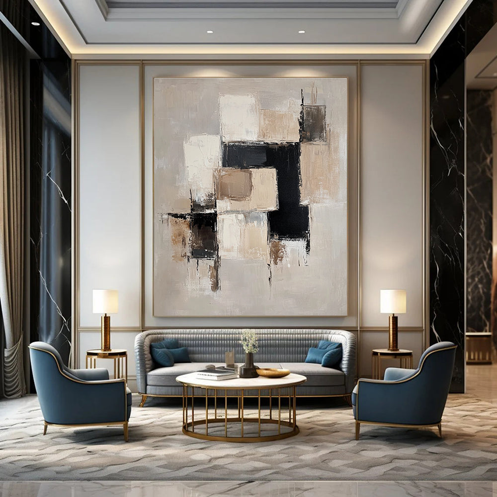 Large abstract painting with beige and white blocks black accents and soft edges on a light gray background creating an elegant minimalist feel.STSC220