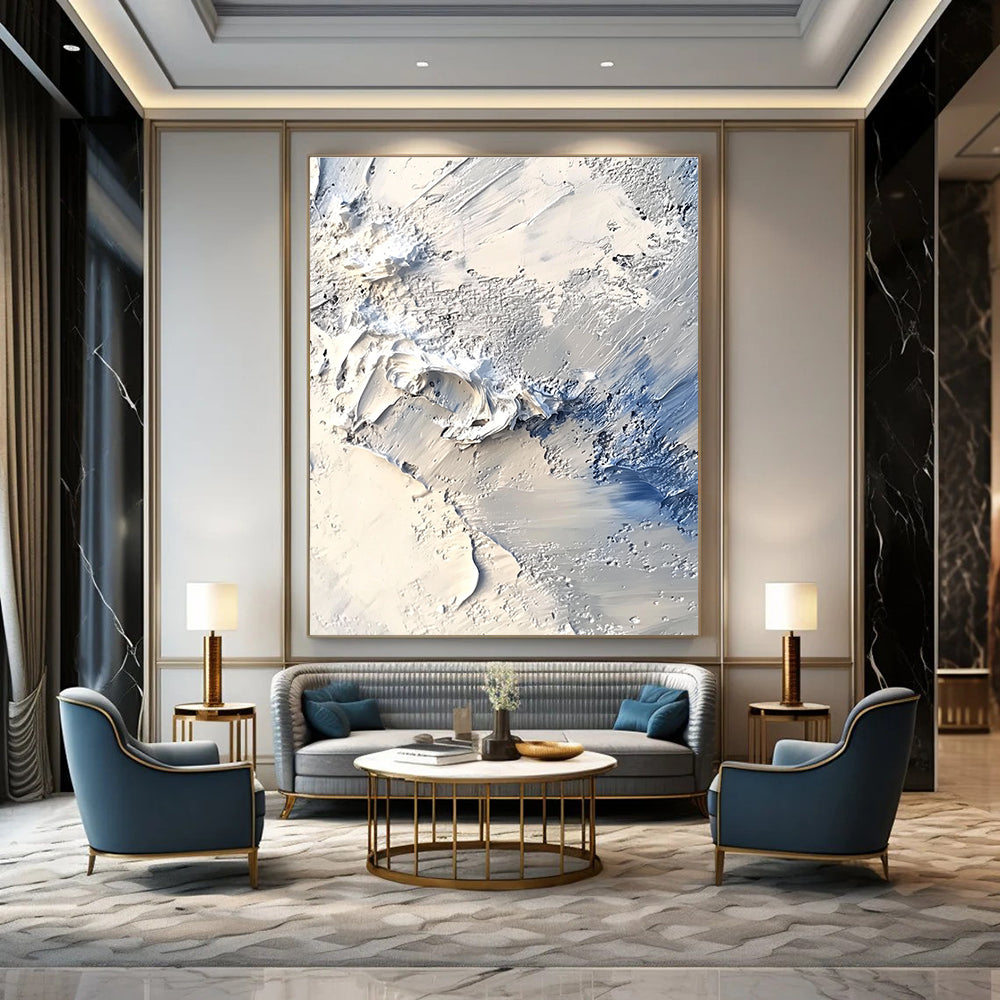 Large abstract painting capturing an Arctic landscape with thick impasto layers in white and gray reminiscent of John Martin's style.STSC258