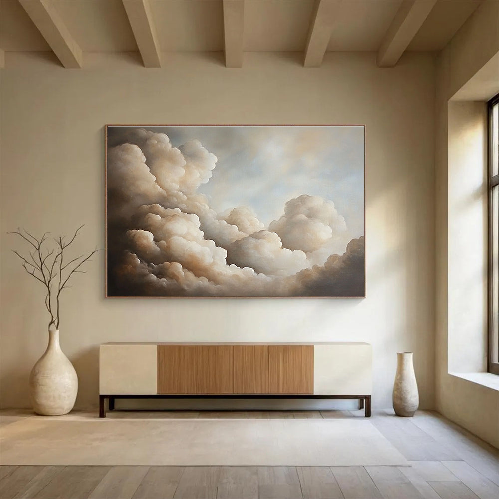 A large abstract oil painting featuring muted-colored clouds that evoke a serene atmosphere and invite deep contemplation.SC541