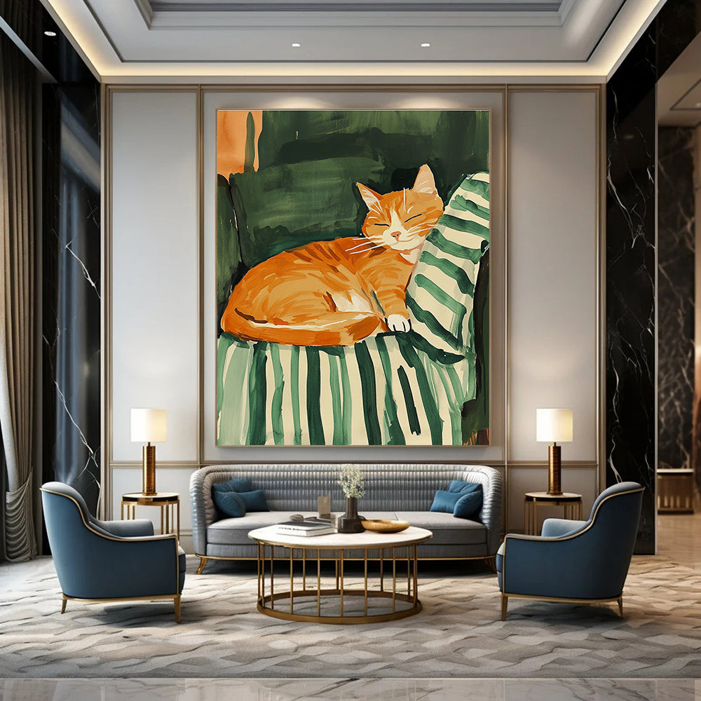 A vibrant abstract gouache painting featuring a joyful orange cat on a striped green blanket, inspired by Maira Kalman's pastel style.STSC1016