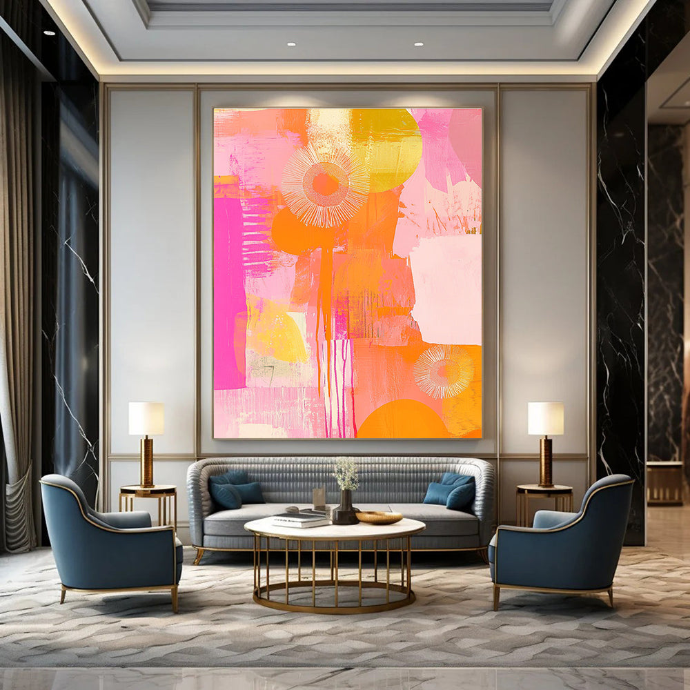 A large abstract painting featuring peach and pink tones with circles flowers and patterns radiating happy vibes in soft brush strokes.STSC1408