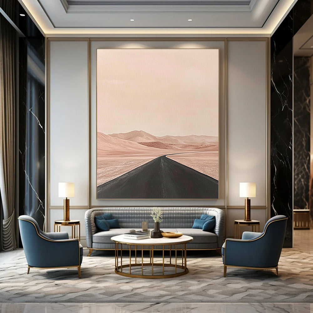 Large abstract painting of a desert scene featuring an empty road in the foreground with muted tones in a minimalist style.STSC1093