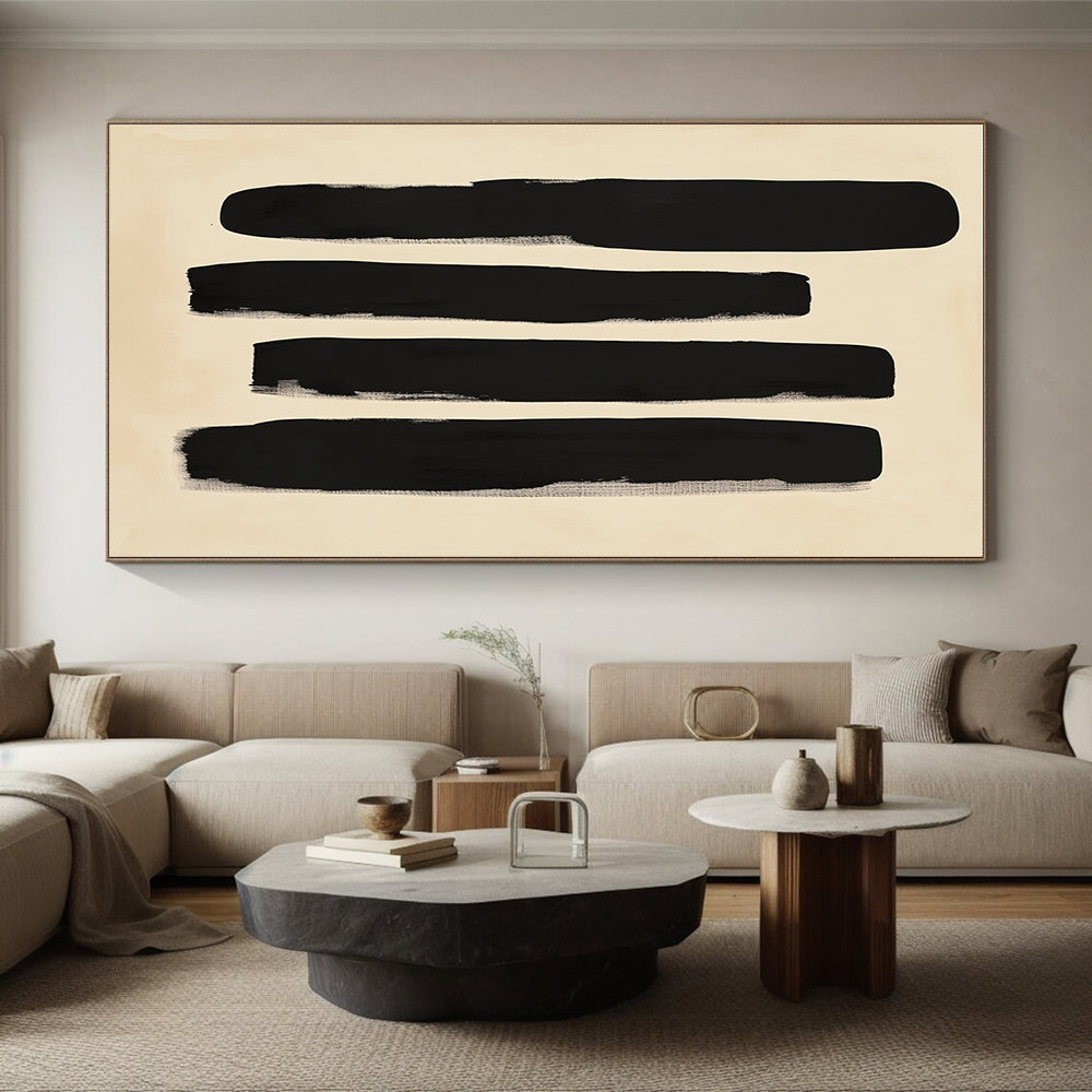 Black Vertical Strokes Abstract Painting on Beige Background GER240