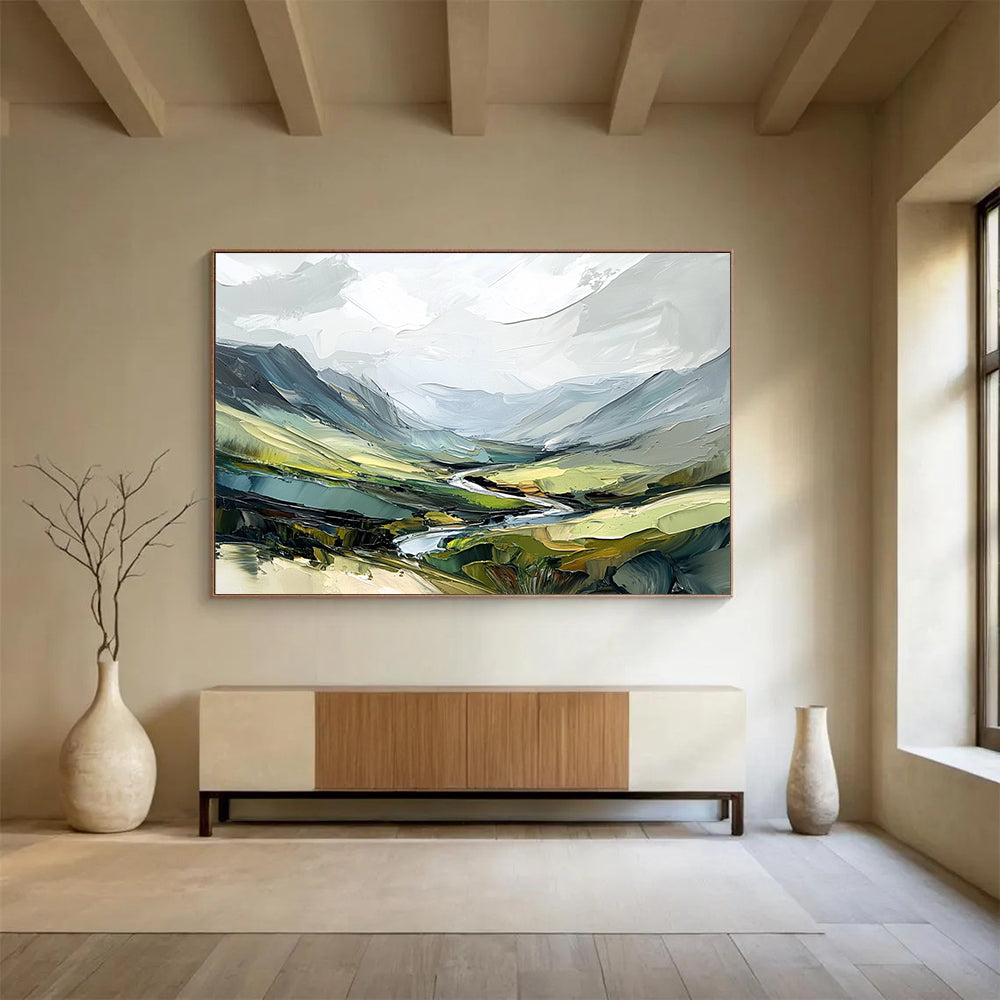 Impasto Mountain Valley Abstract Painting with Rich Greens DYP597