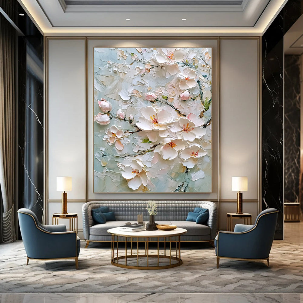 Large abstract painting of cherry blossoms in soft colors with intricate details and textural elements on a light gray background.STSC1364