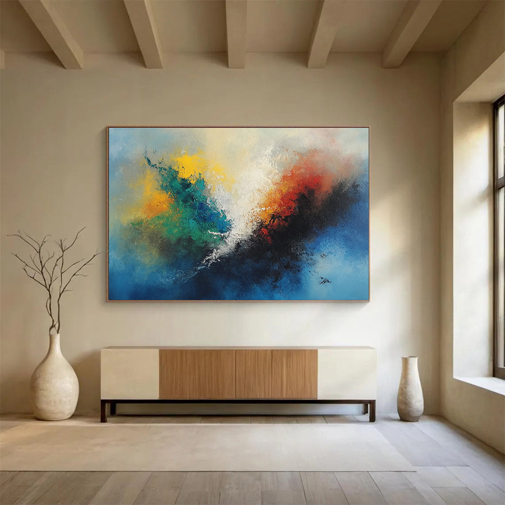A large abstract painting featuring vibrant colors with a central fire-like figure and serene sky blue background.SC323
