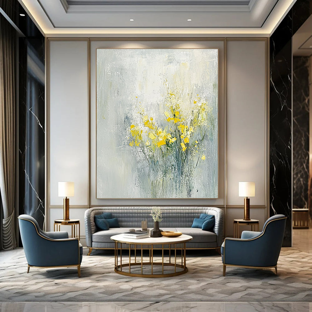 Abstract oil painting of flowers in light gray and yellow hues capturing a serene spring theme inspired by Zao Wou-Ki.STSC185