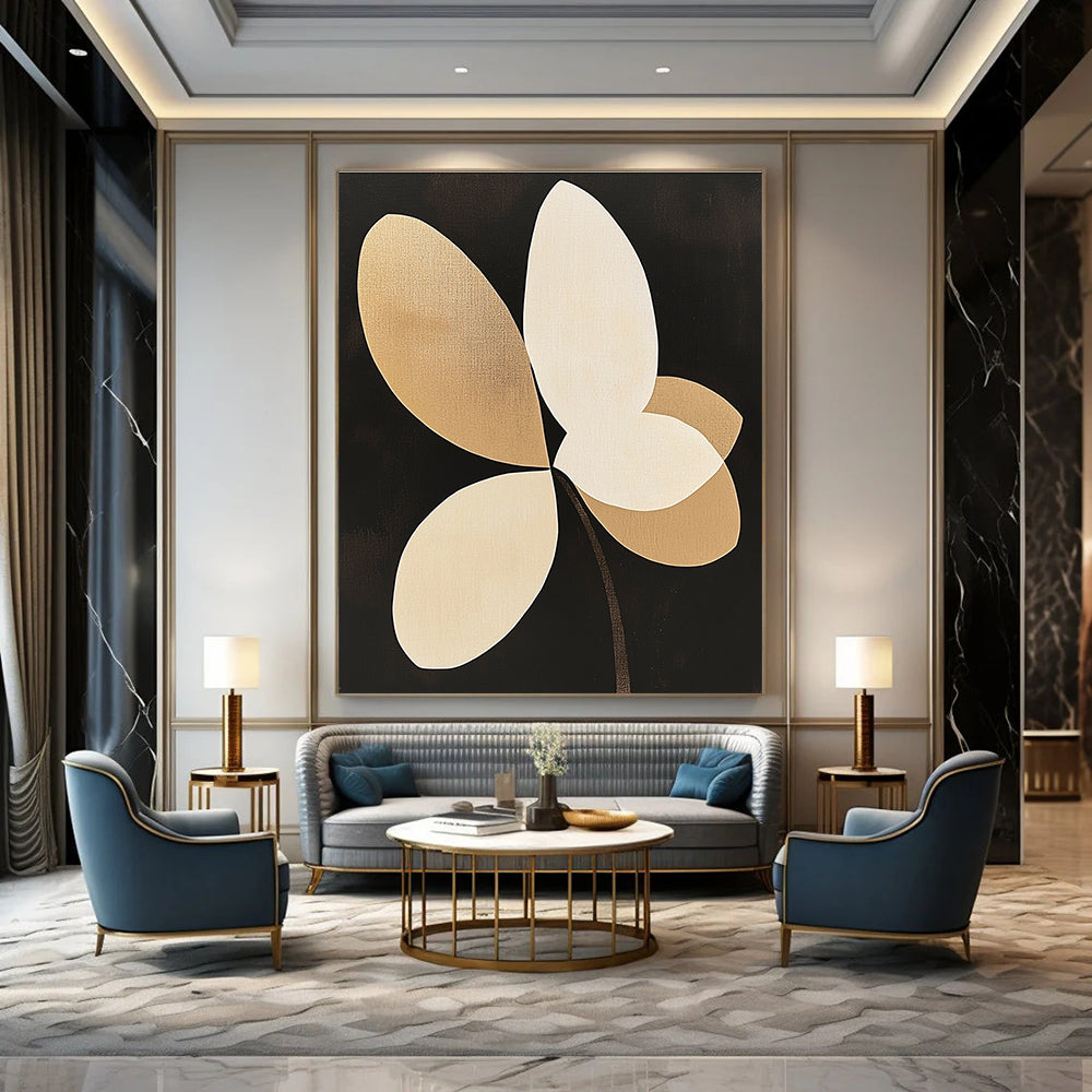 Large Abstract Painting Featuring Beige and White Orchid Petal Shapes on a Black Background with Minimalist Design and Clean Lines.STSC1144