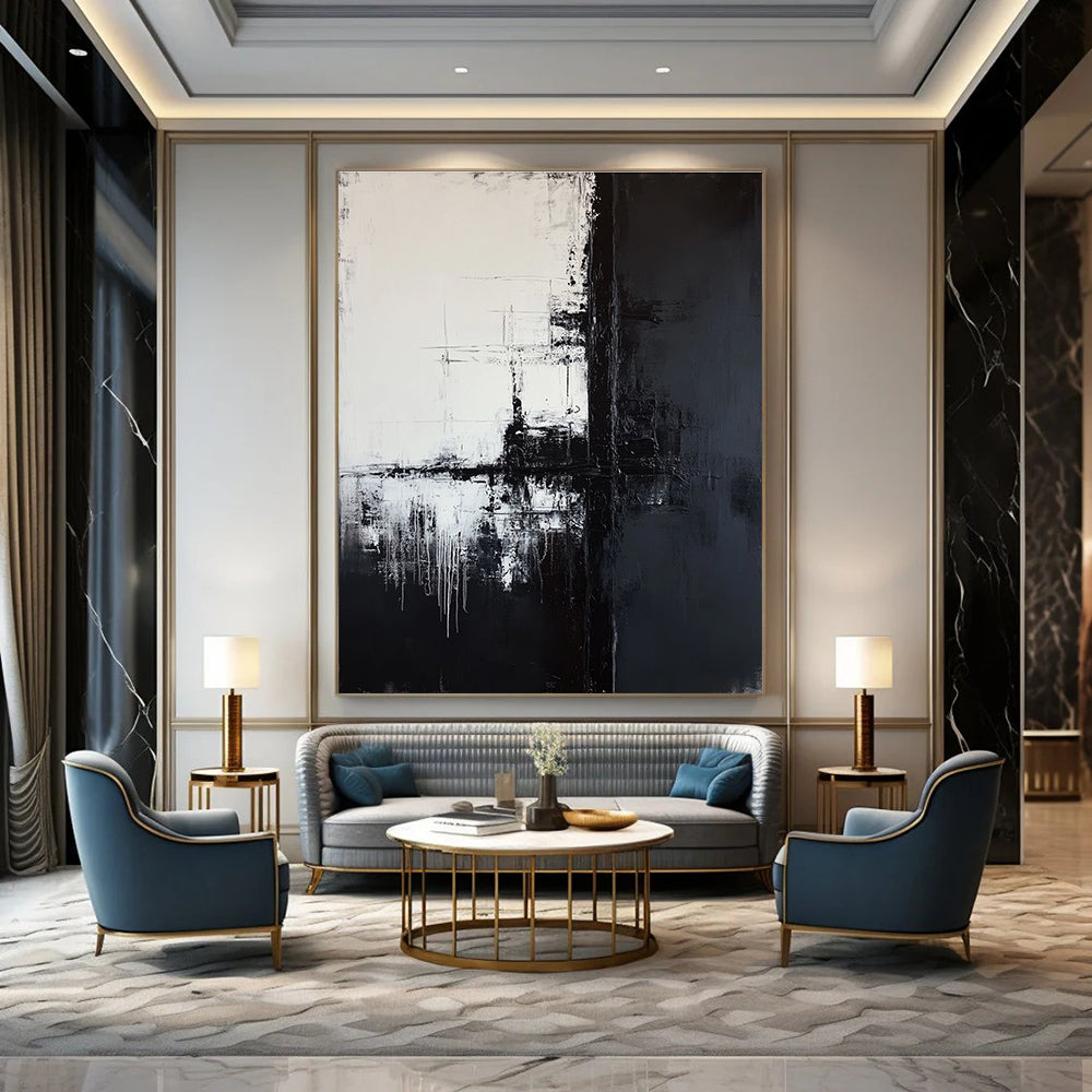 Large abstract painting featuring a tall black telephone pole against a dark gray and white background with textured brushstrokes and a minimalist composition.STSC372