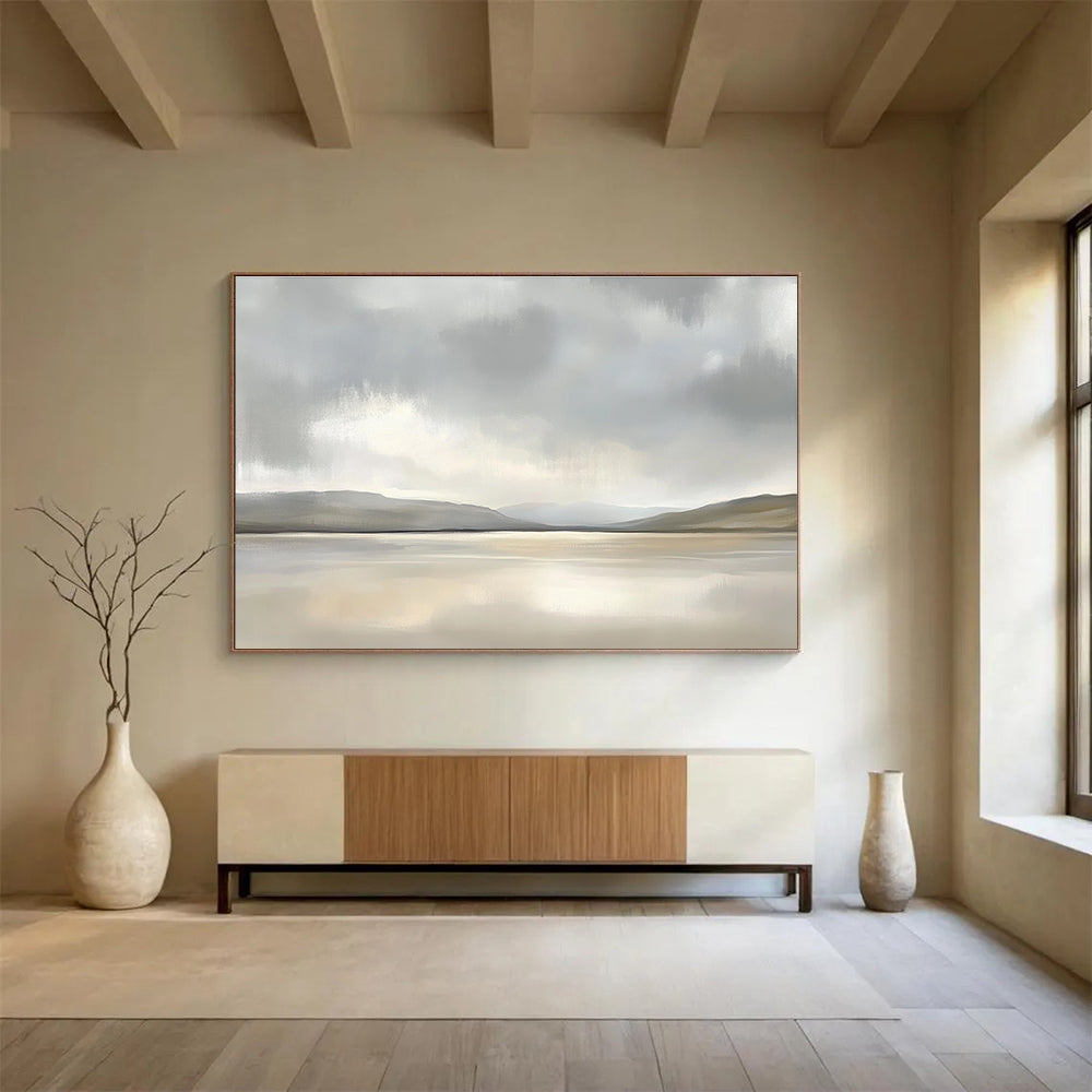 Minimalist Lake Scene Abstract Painting with Grays and Beiges DYP233