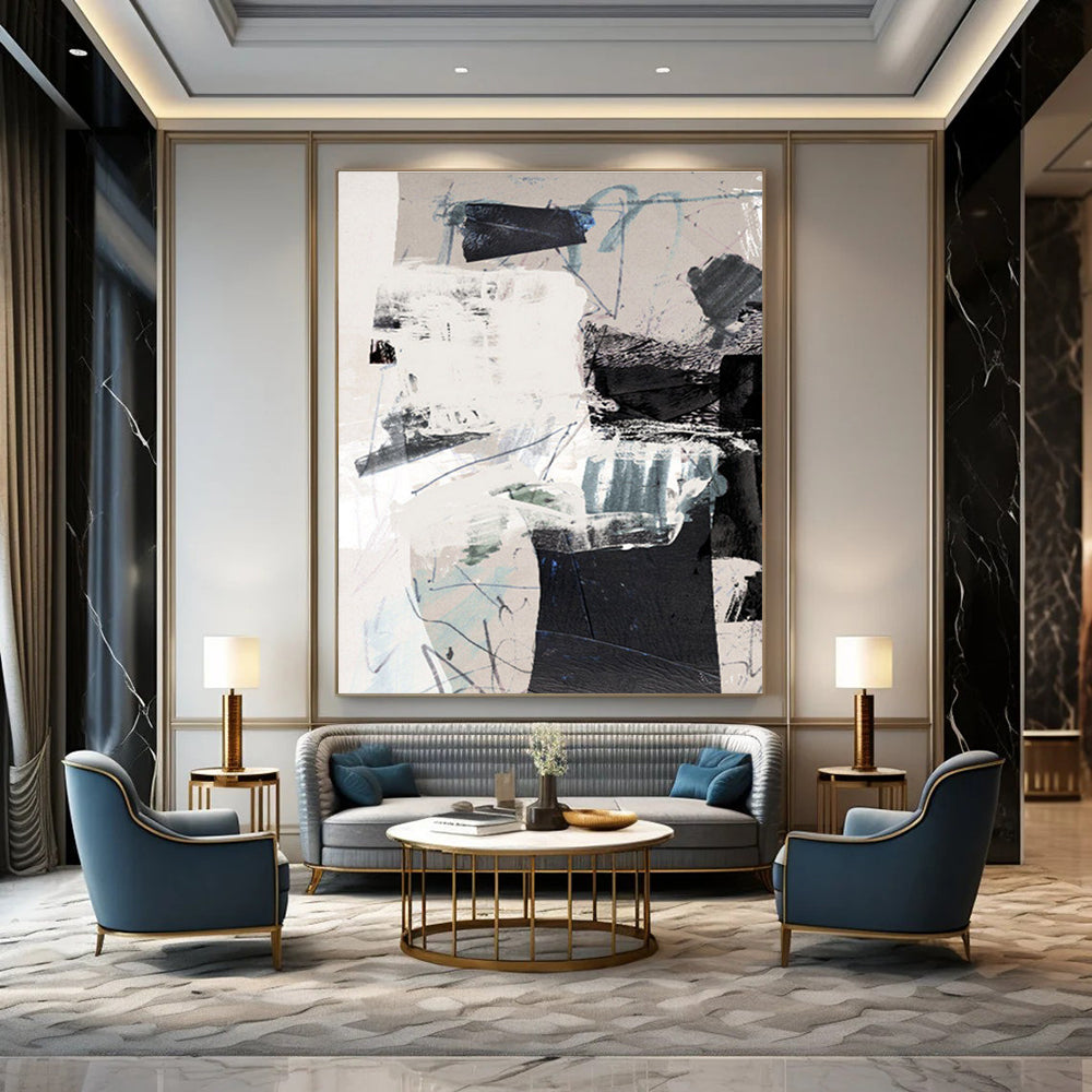 Mixed - media Abstract with Neutral and Blue Tones Painting ADGE194