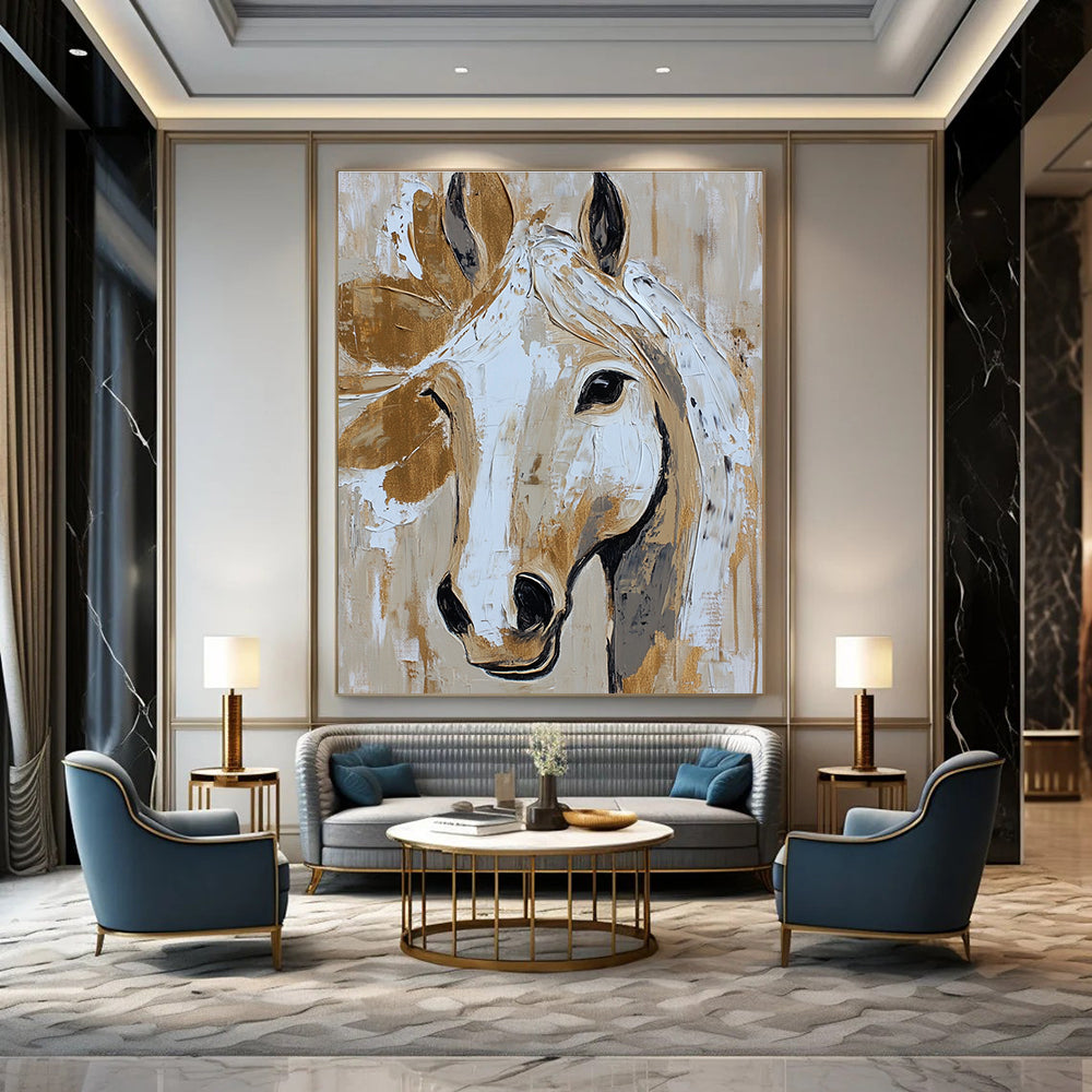 Abstract horse face in beige and white with gold accents reflects rustic farmhouse charm in a detailed expressive painting.STSC073
