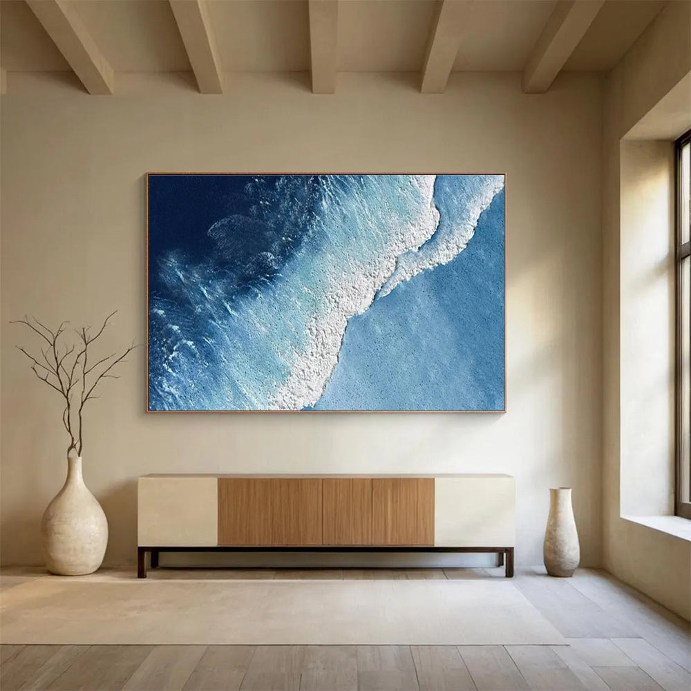 Aerial Ocean Wave Abstract Painting with Deep Blue and White THY258