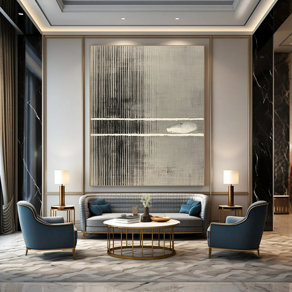 Abstract striped artwork featuring a cut-out section revealing a crocodile's head on a gray background with vertical lines.STSC1183