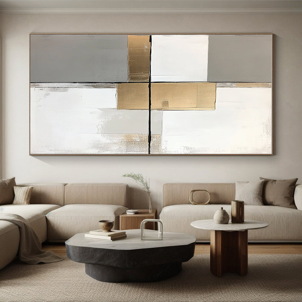 Gray Gold and White Abstract Painting with Minimalist Geometry GER649