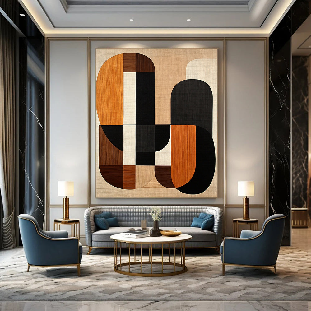 Large abstract artwork featuring mid-century modern shapes in earth tones with wood grain and black lines on a beige background.STSC1319