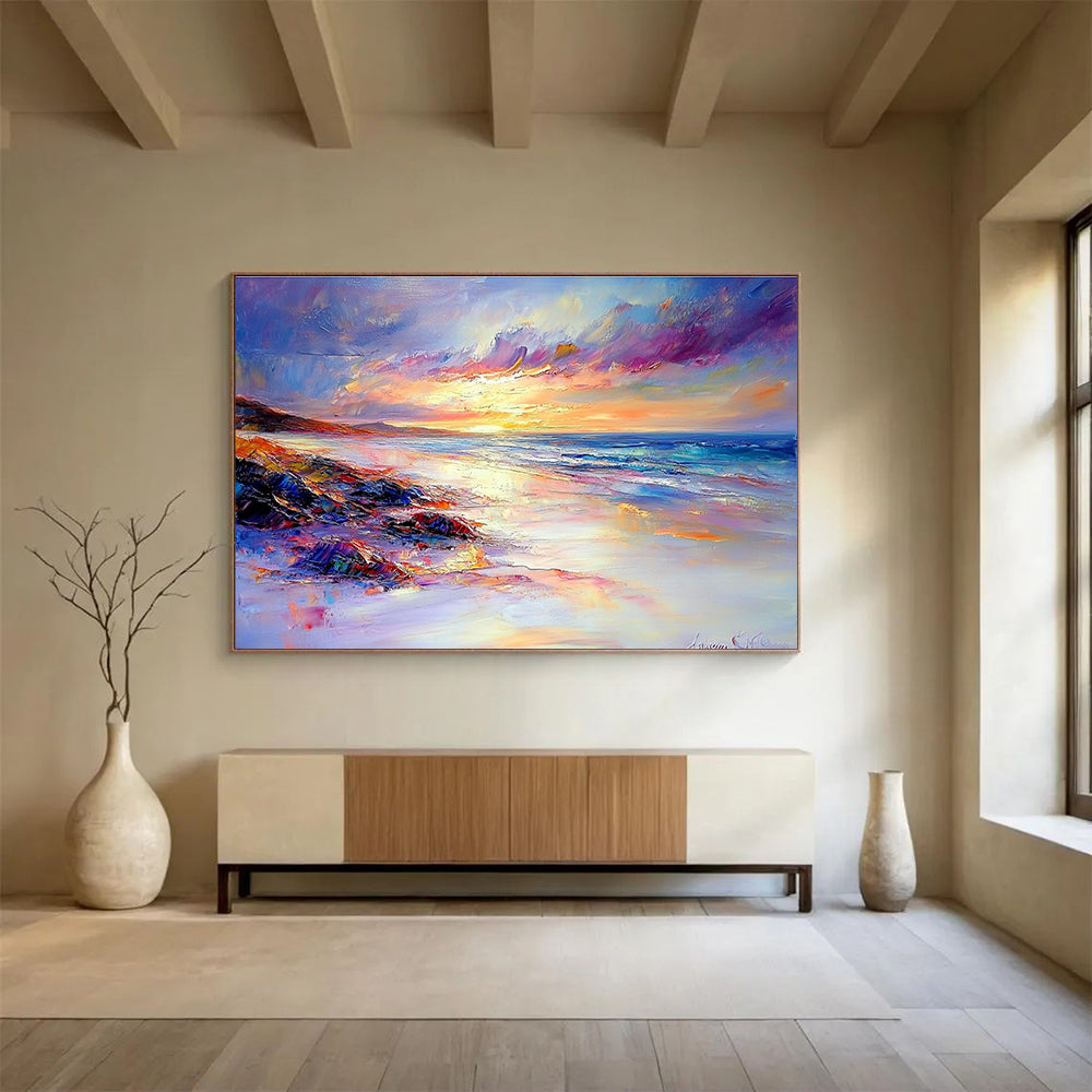 A large abstract painting portraying a tranquil beach sunset with vibrant colors soft lighting and rich details capturing the essence of Impressionism.SC522