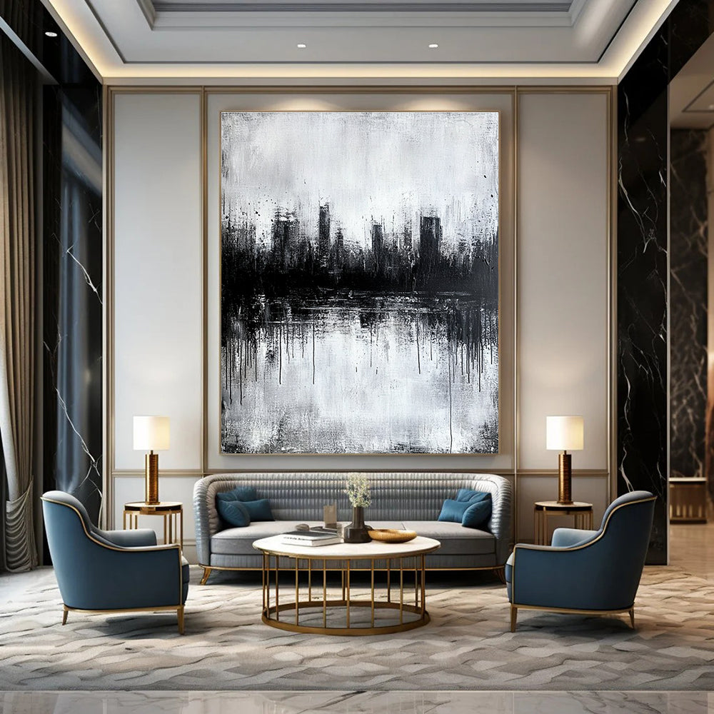 Large abstract painting featuring a city skyline reflection in water with textured gray tones evoking a serene and mysterious atmosphere.STSC025