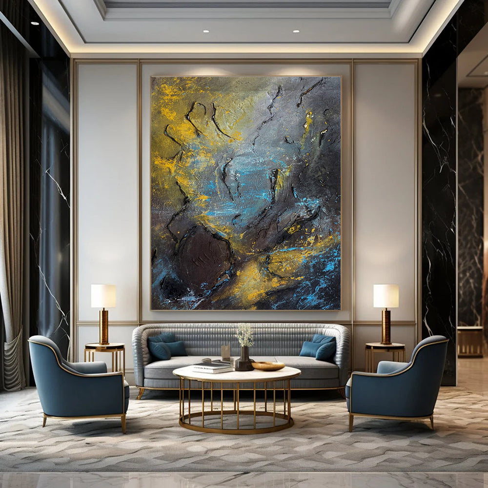 Dark Textured Abstract Painting with Yellow - Blue Accents ADGE471