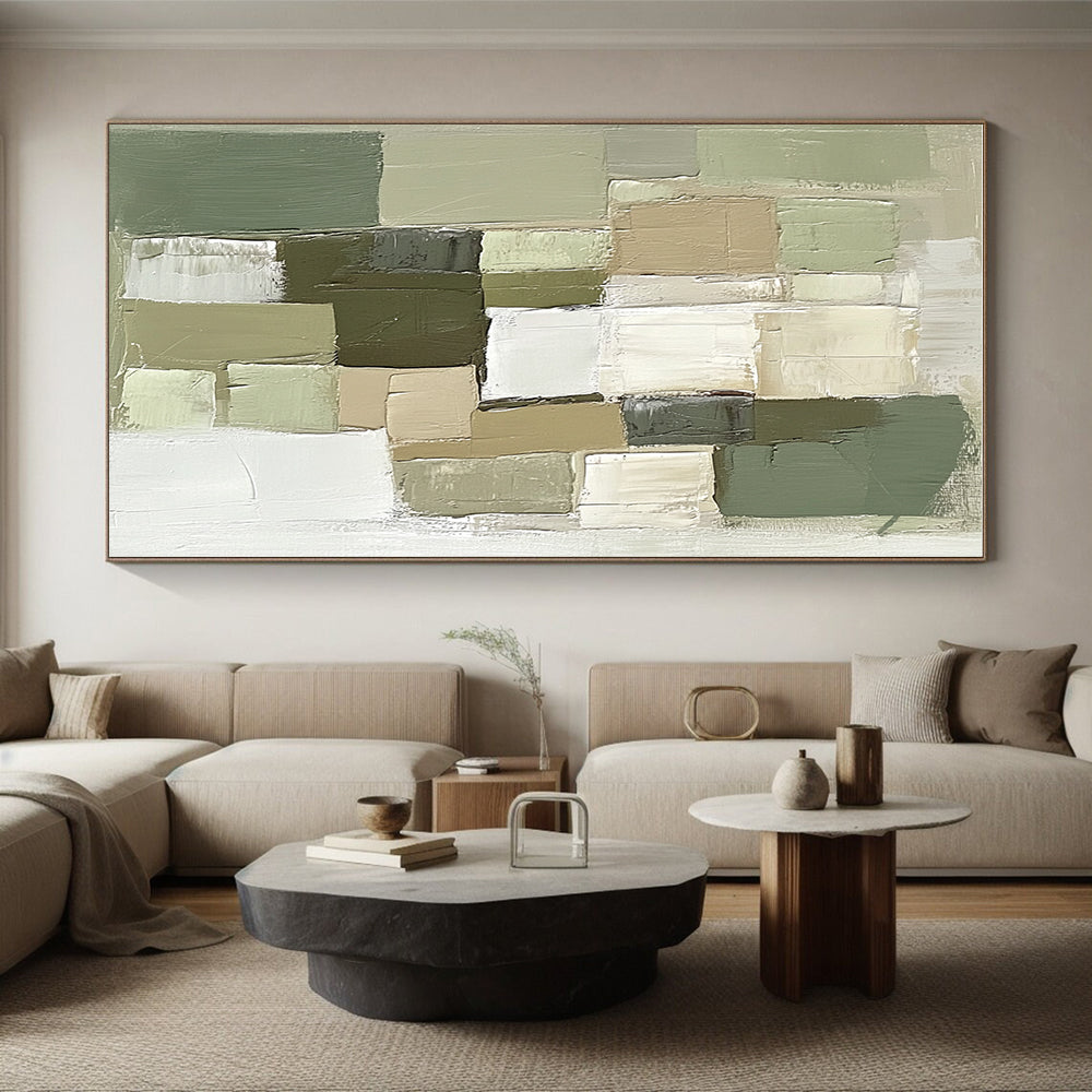 Green Beige Abstract Painting with Geometric Blocks GER811
