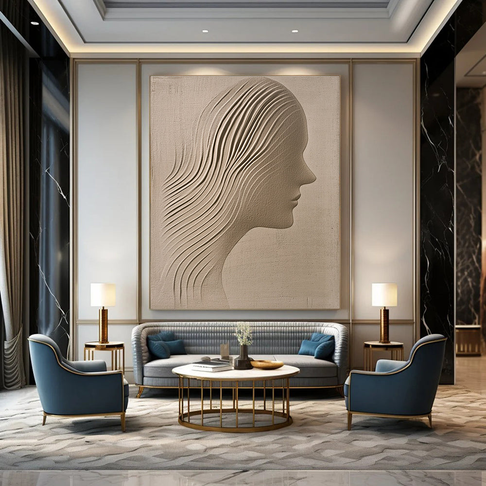 A large abstract painting featuring a sand-colored textured wall with an ethereal woman's silhouette gracefully carved into it.STSC1213