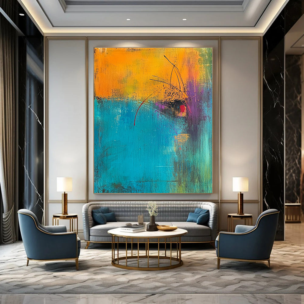 Abstract painting featuring a turquoise and amber background with magenta highlights and an orange foreground accented in yellow green and blue.STSC405