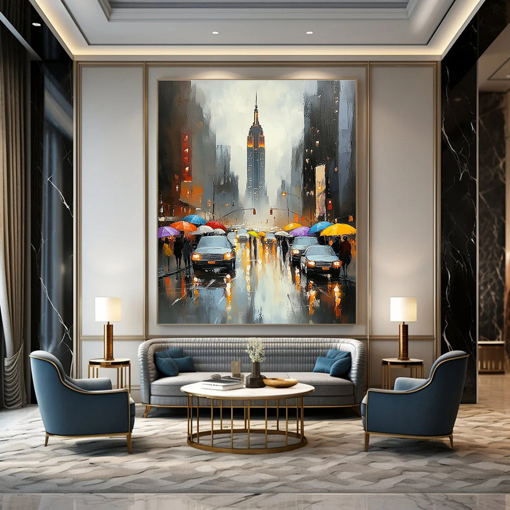 Abstract painting featuring New York City with the Empire State Building vibrant colors rain reflections and soft brush strokes capturing city life.STSC1362