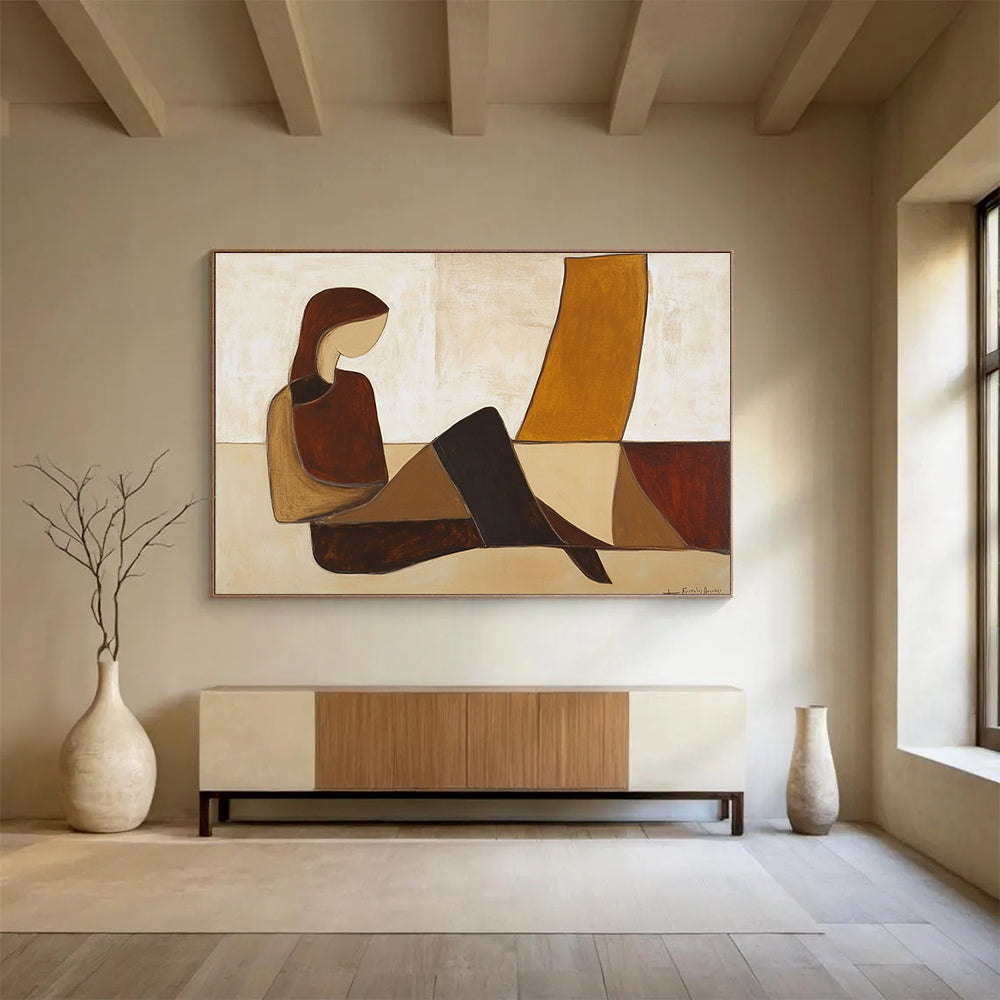 Large abstract painting featuring a woman on the floor in brown and beige hues with simple shapes inspired by Jean Fautrier.SC345