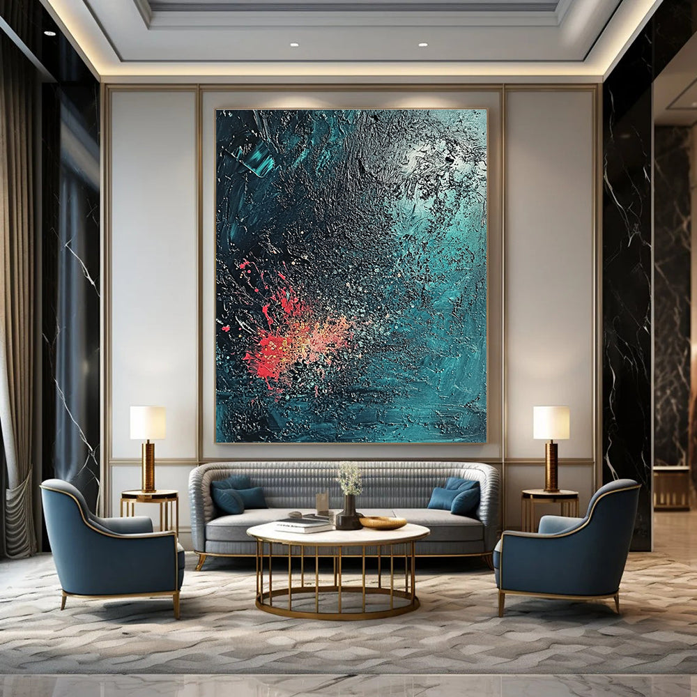 Large Abstract Painting with a Textured Surface in Dark Blue and Emerald Green evoking a Mysterious Deep Sea Atmosphere with Coral Reef Hints.STSC734