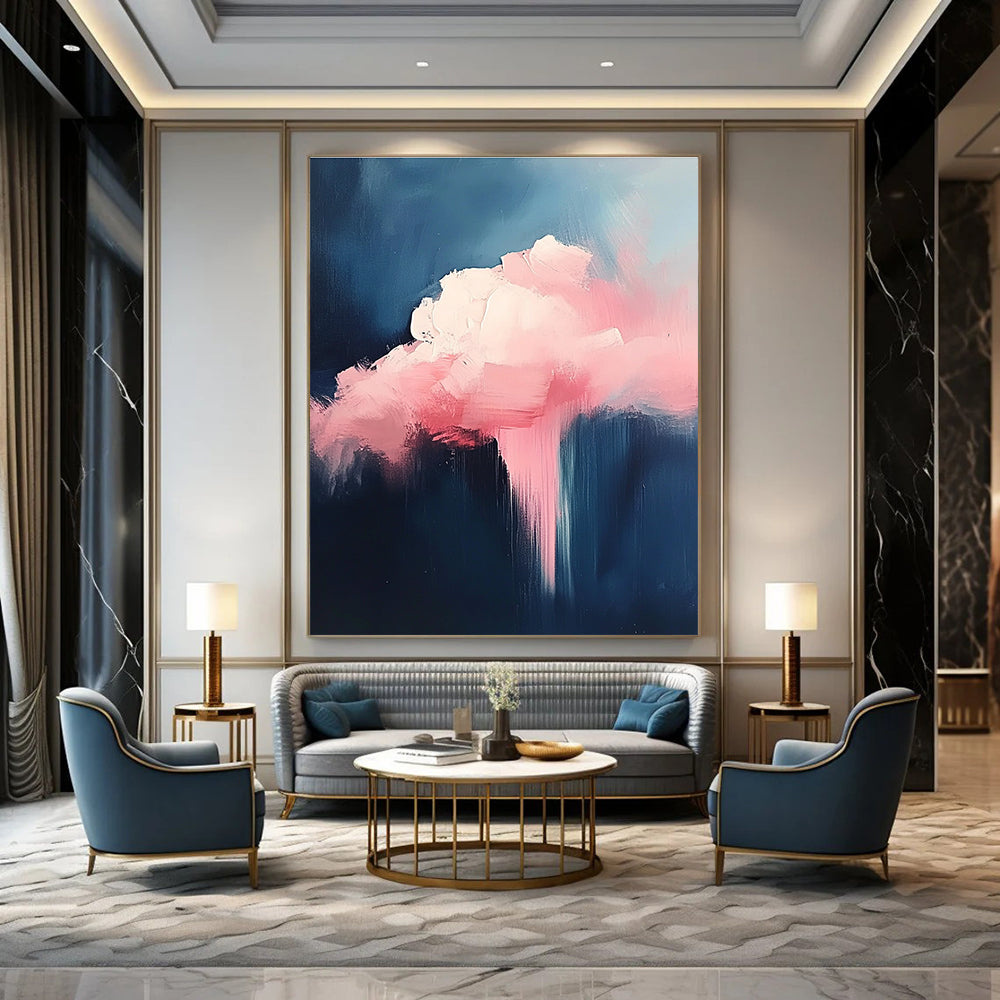 Large abstract painting featuring a pink cloud against a minimalist dark blue background with bold brush strokes.STSC671