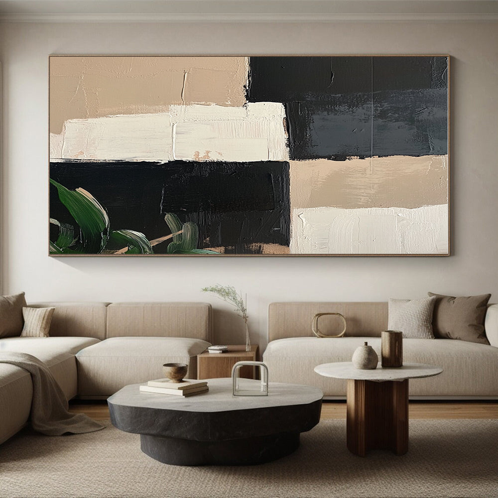 Black Beige and White Abstract Painting with Geometric Blocks GER052