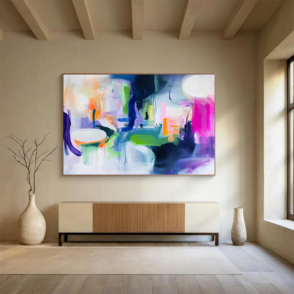 A large abstract painting featuring bright neon colors, thick brush strokes and loose shapes in white, green, purple, blue, pink, orange, and yellow.SC373