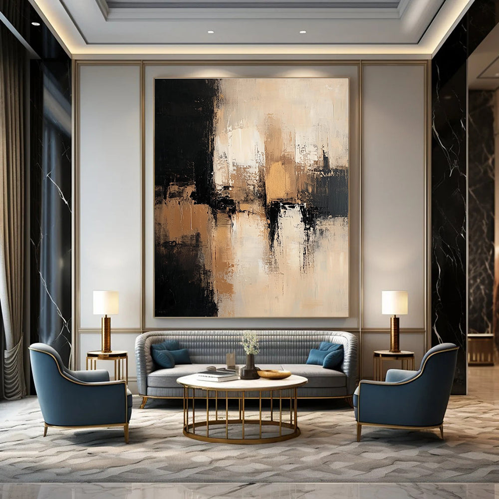 Large abstract painting featuring neutral tones with black beige and white depicting an urban landscape with dark brown and gold accents.STSC775