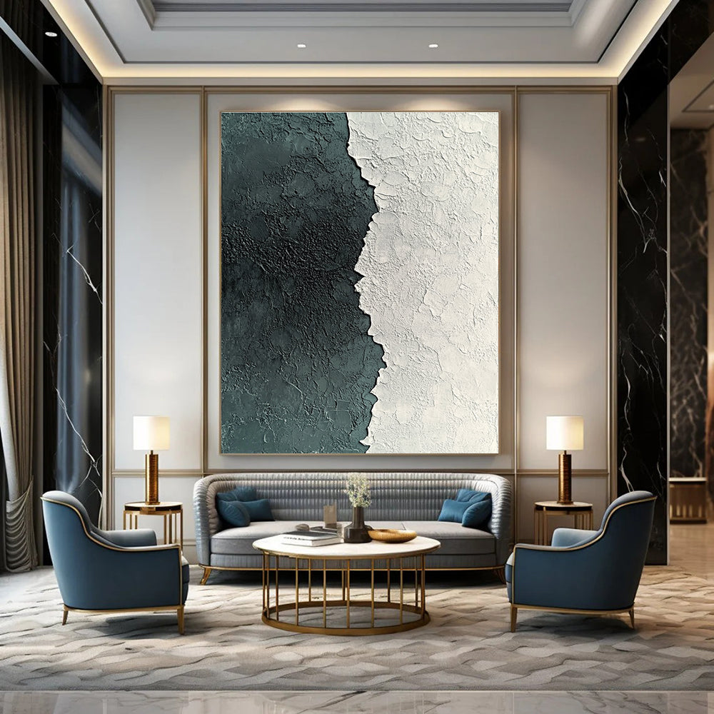 Large abstract painting of textured white and grey plaster with deep green accents showcasing detailed patterns and a captivating grainy finish.STSC836